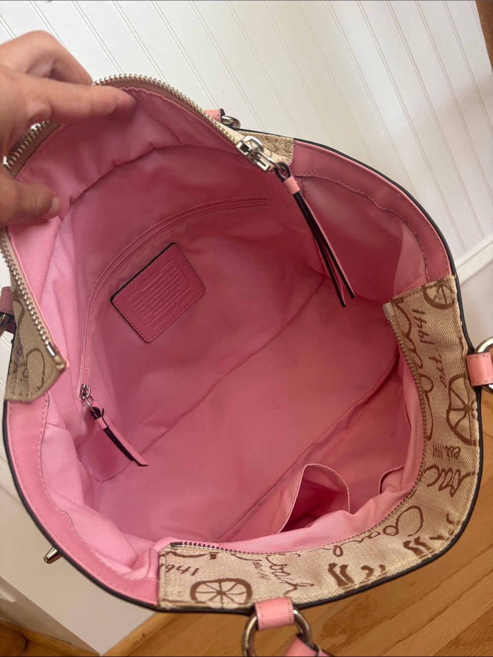 Coach Horse & Carriage Pleated Gallery Tote Pink Leather Khaki Y2K Shoulder Bag - Picture 10 of 17